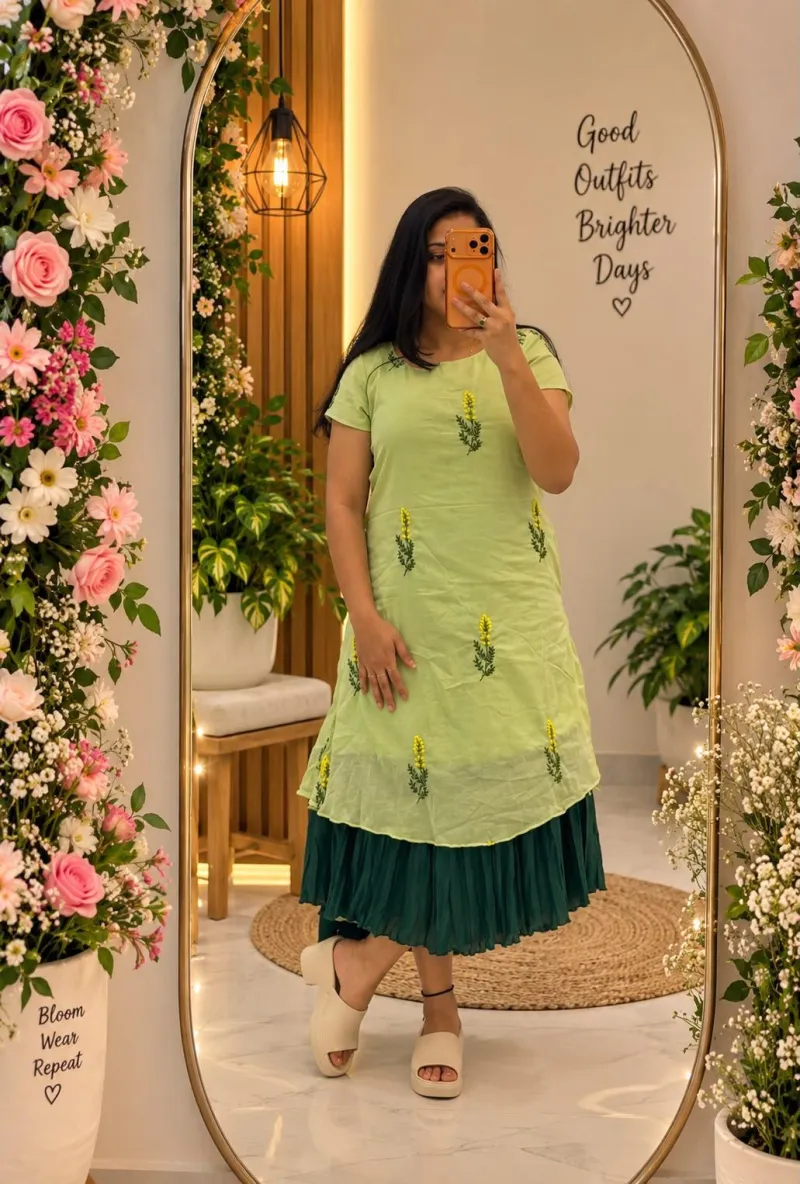 Lime Green Mul Cotton A-Line Maxi Frock