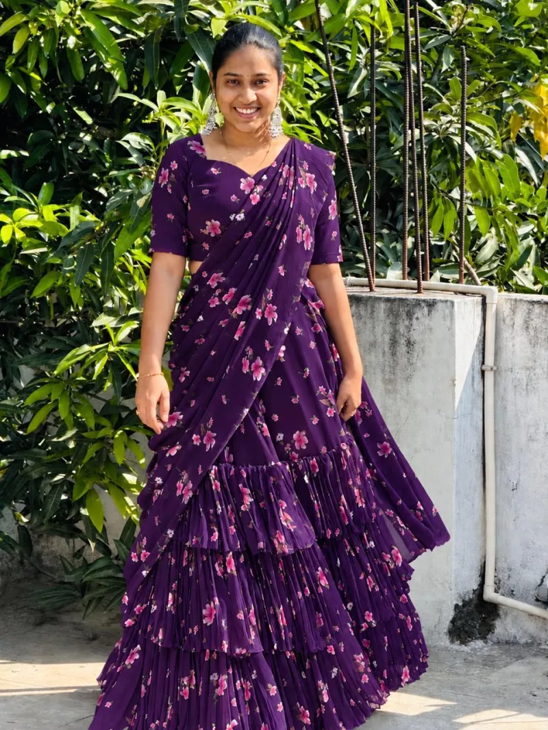 Purple Floral Pure Georgette Layered Half Saree