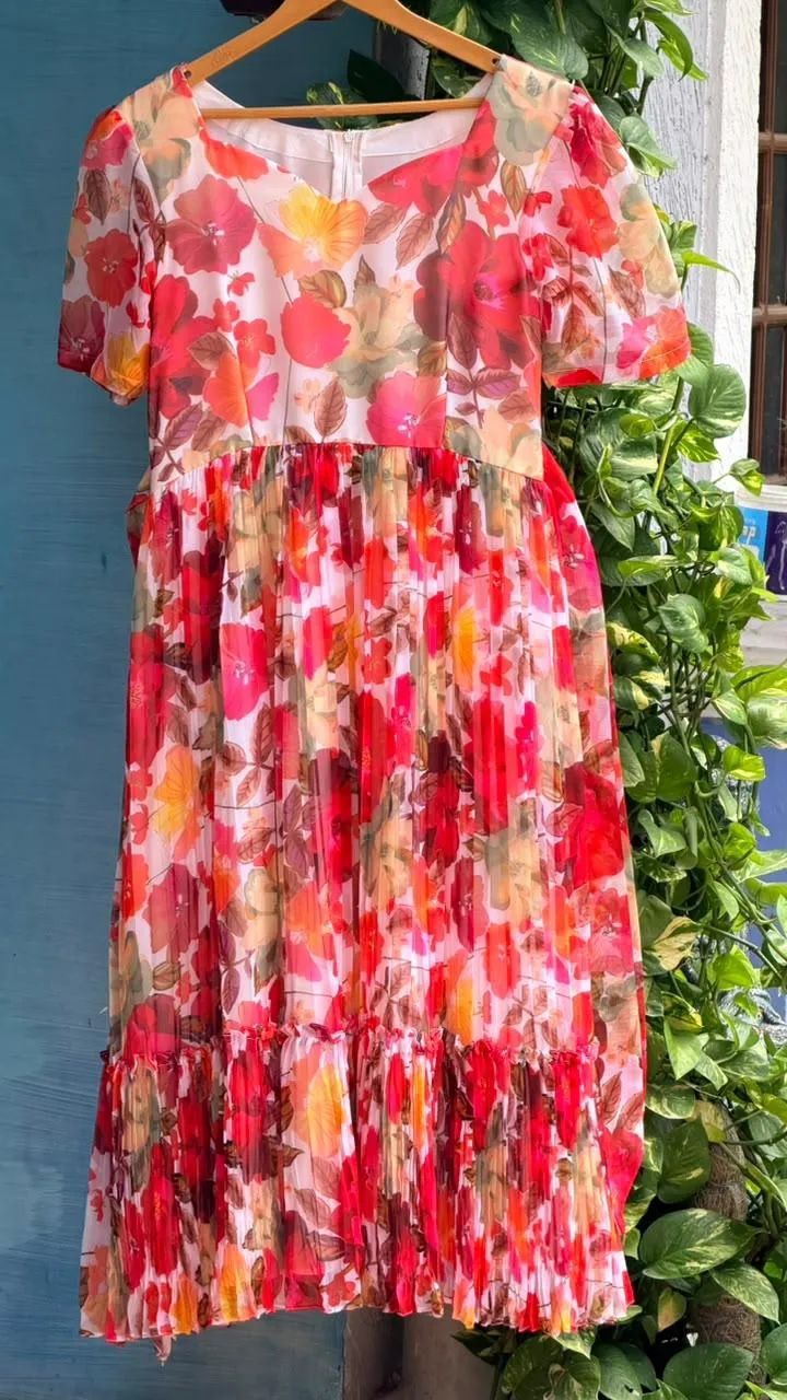 Floral Pure Chiffon Elbow Sleeve Maxi