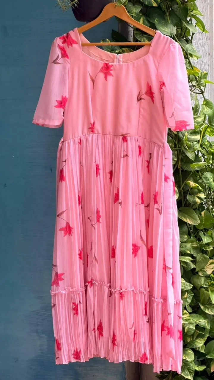 Pink Floral Pure Chiffon Tiered Maxi Frock