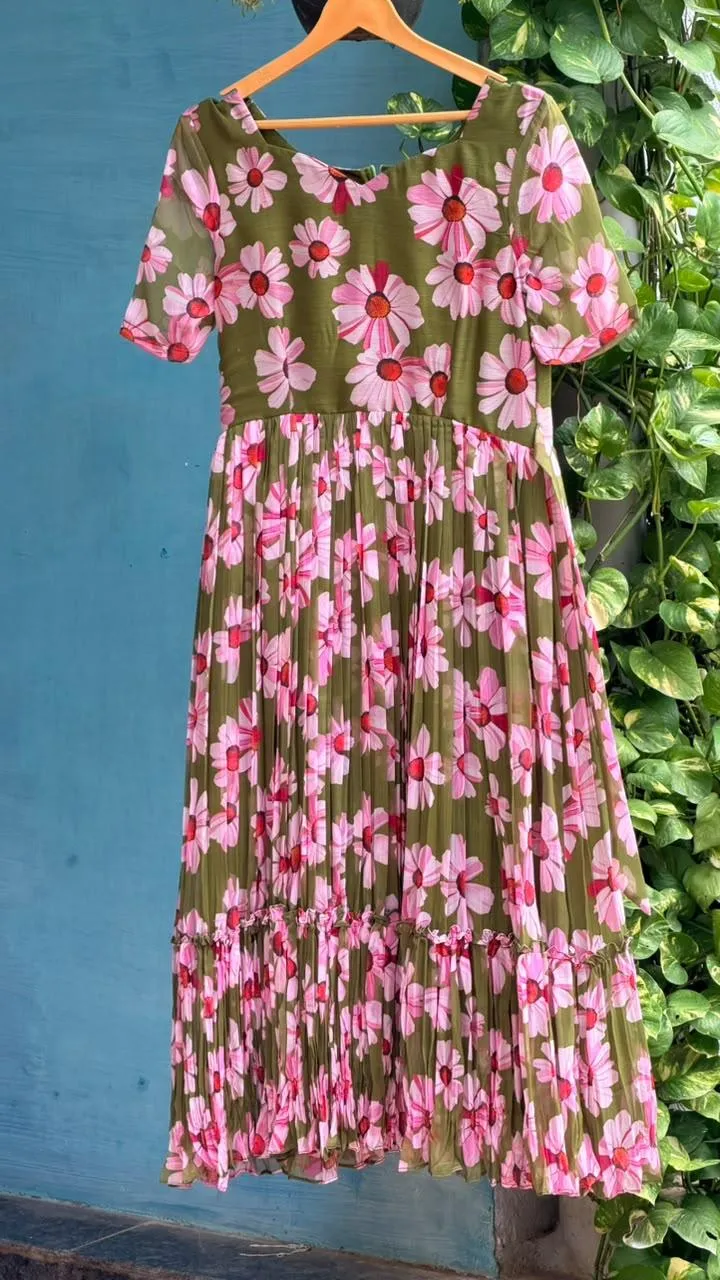 Olive Green Floral Pure Chiffon Maxi