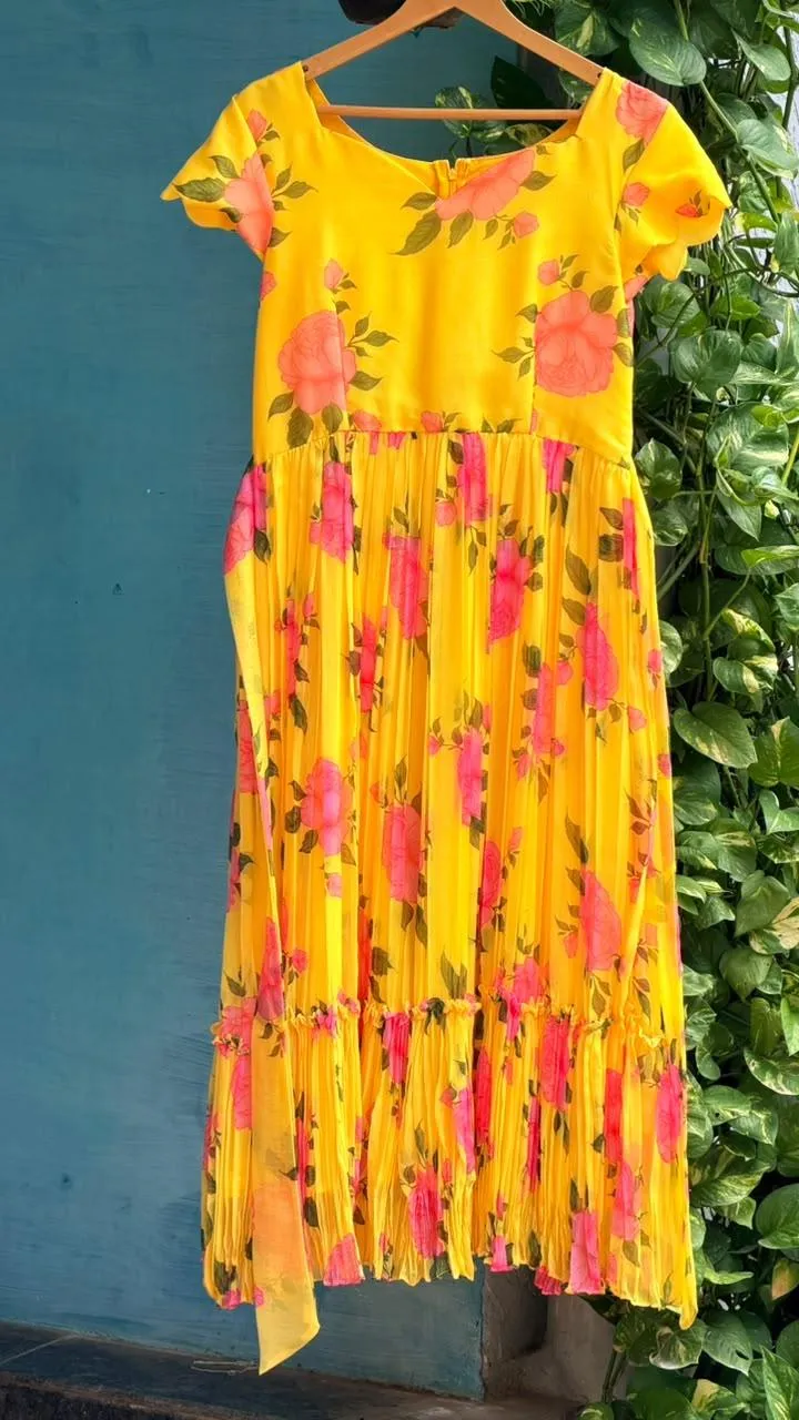 Golden Yellow Floral Pure Chiffon Maxi