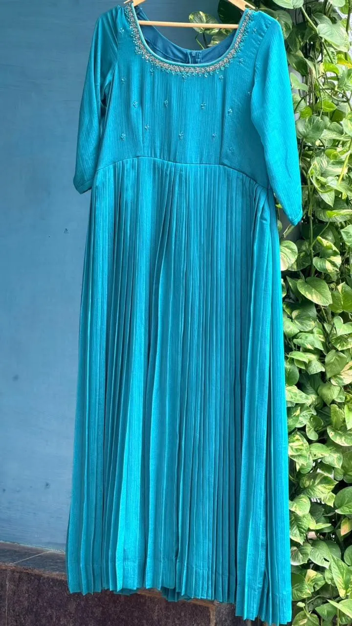 Turquoise Blue Chinnon Designer Long Frock