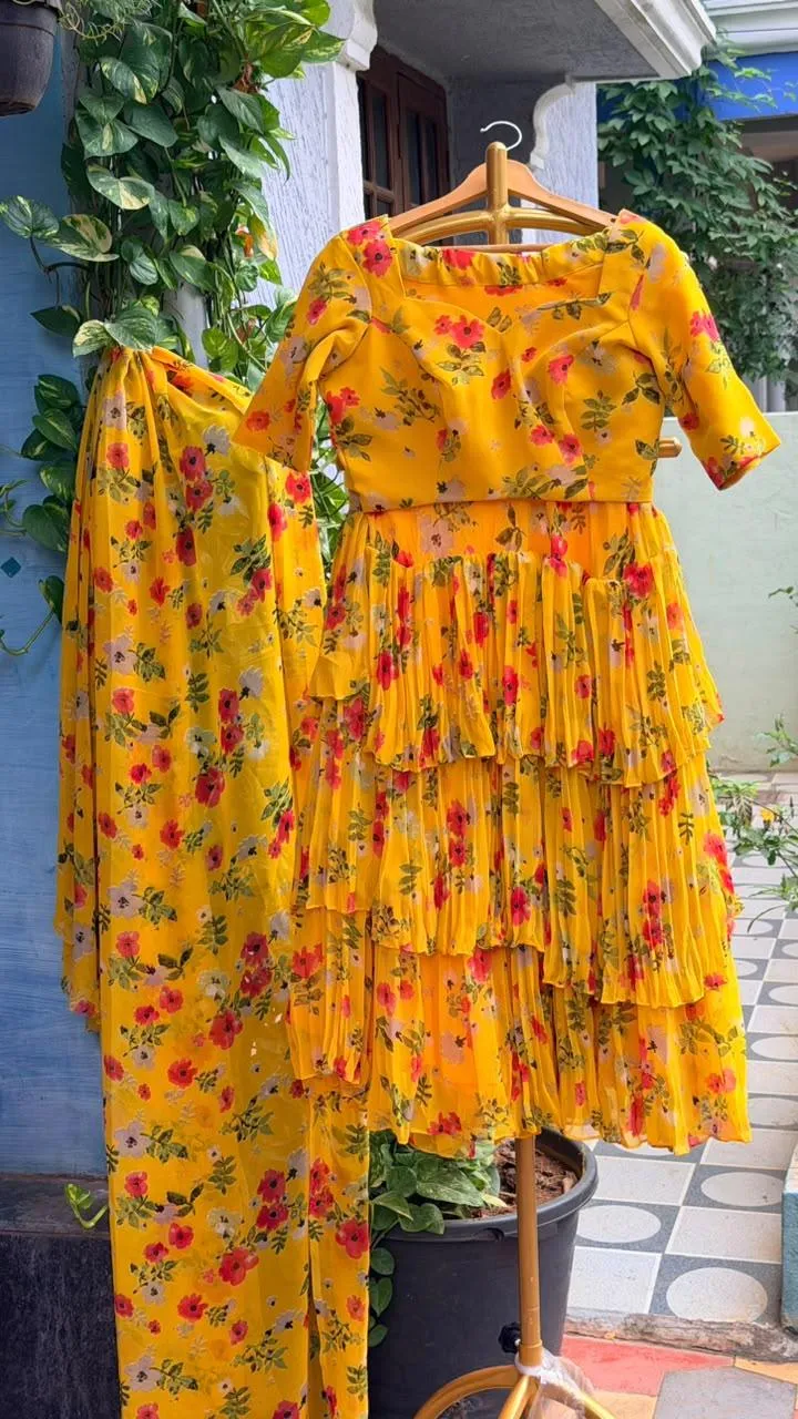 Yellow Floral Pure Georgette Half Saree