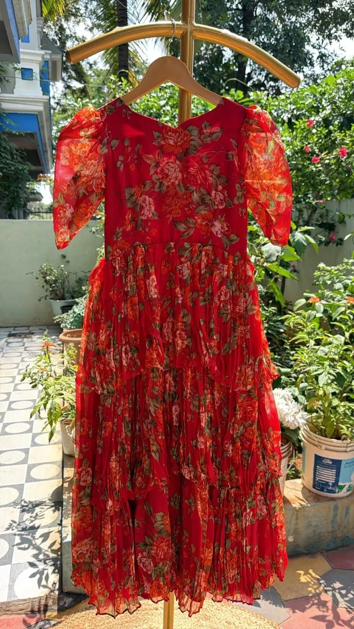 Floral Crush Chiffon Elbow Sleeve Kids Frock