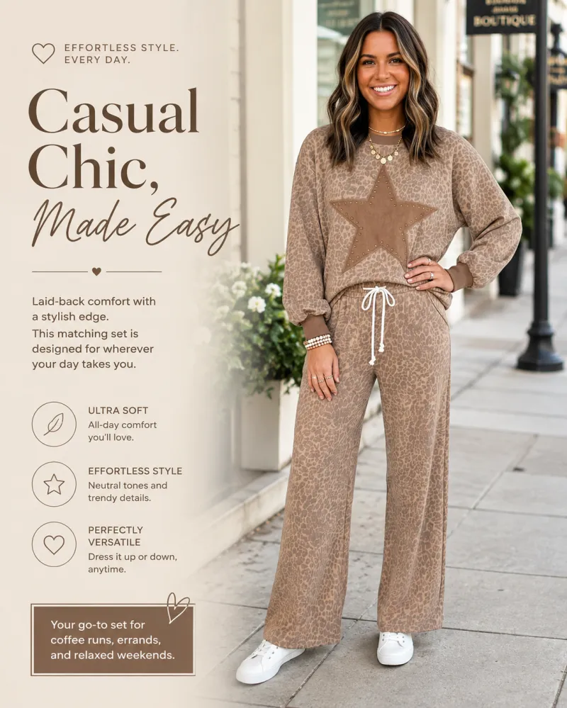 Leopard Print Star Patch Loose 2 Piece Pants Set