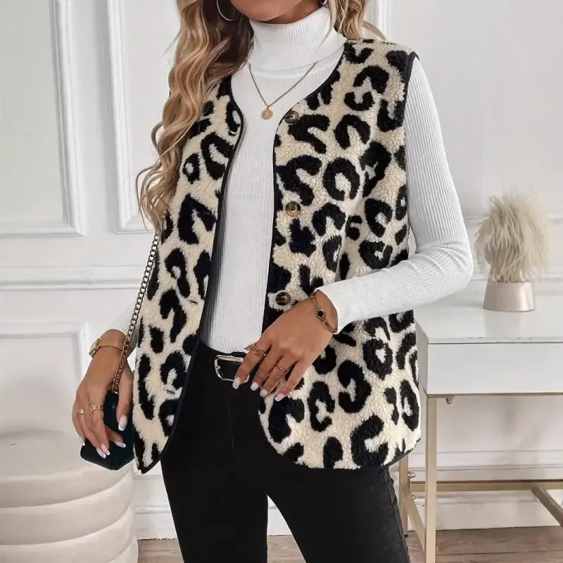Leopard Sherpa Vest Button Front Fuzzy Layering