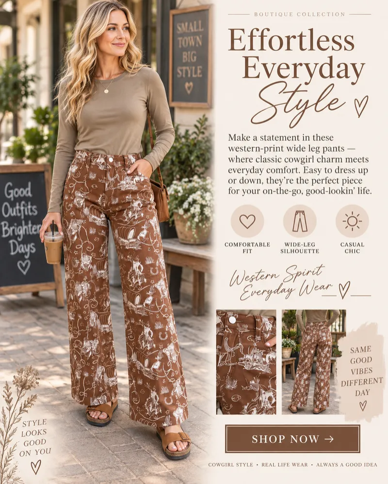 Western Abstract Graphic Pockets Straight Leg Pants