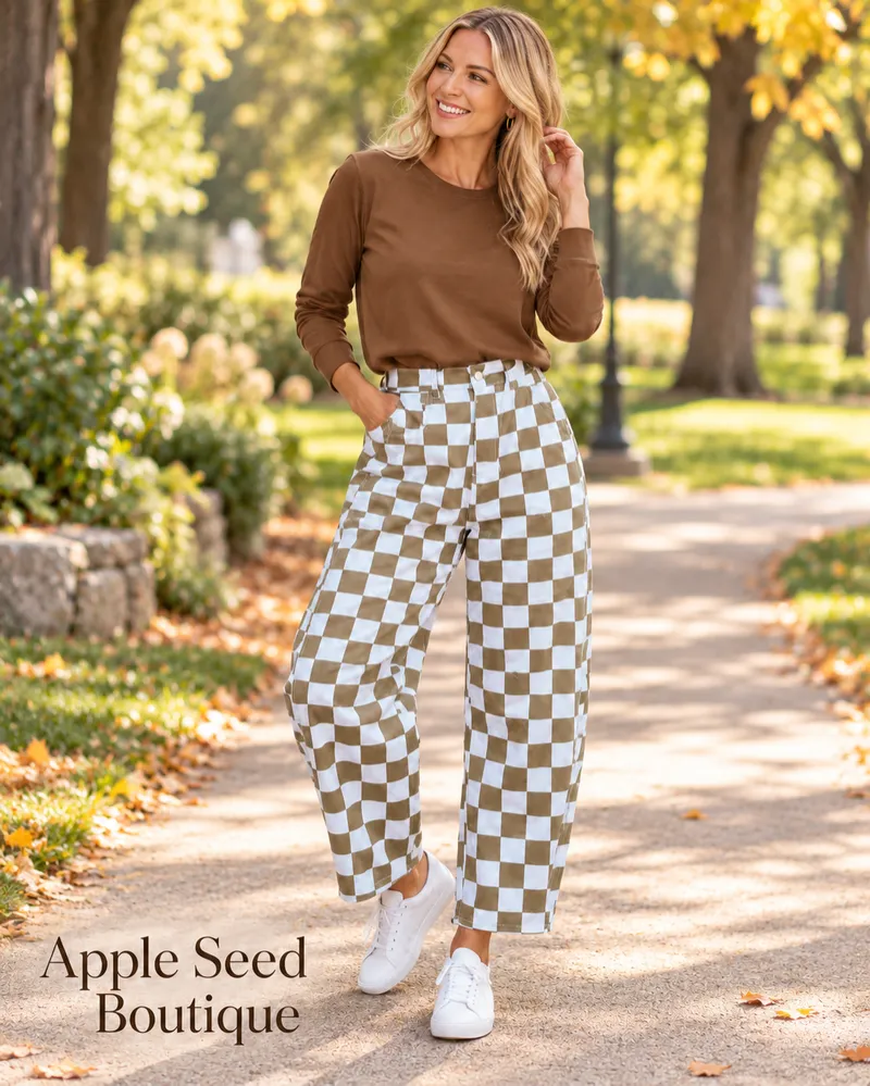  Checkered Print Denim Barrel Pants