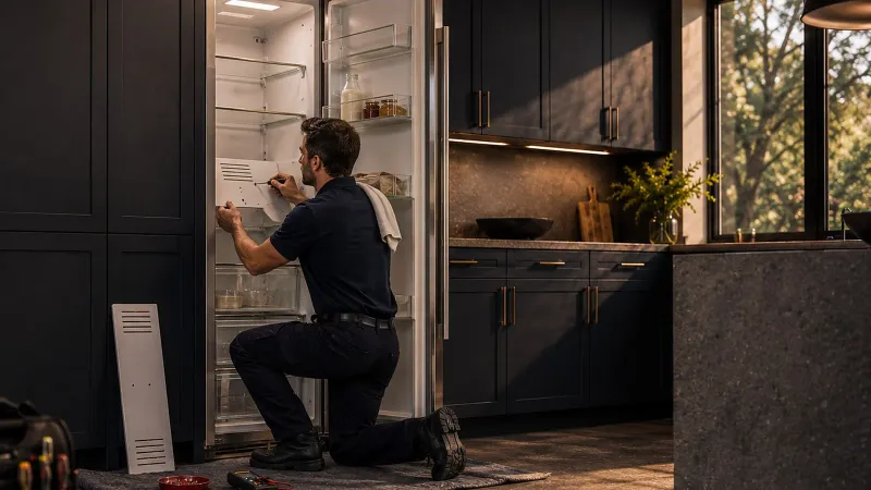 Sub-Zero Help technician servicing an open Sub-Zero column refrigerator in an Atlanta kitchen