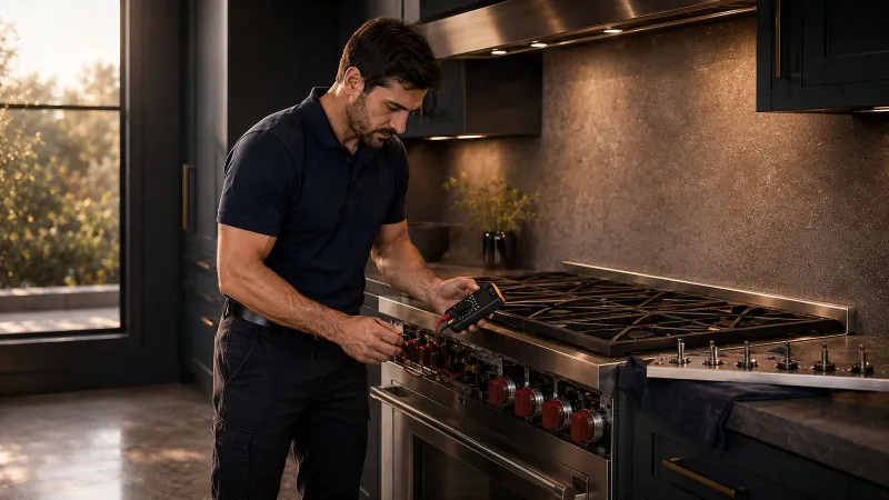 Sub-Zero Help technician testing the control panel of a Wolf range in an Atlanta kitchen