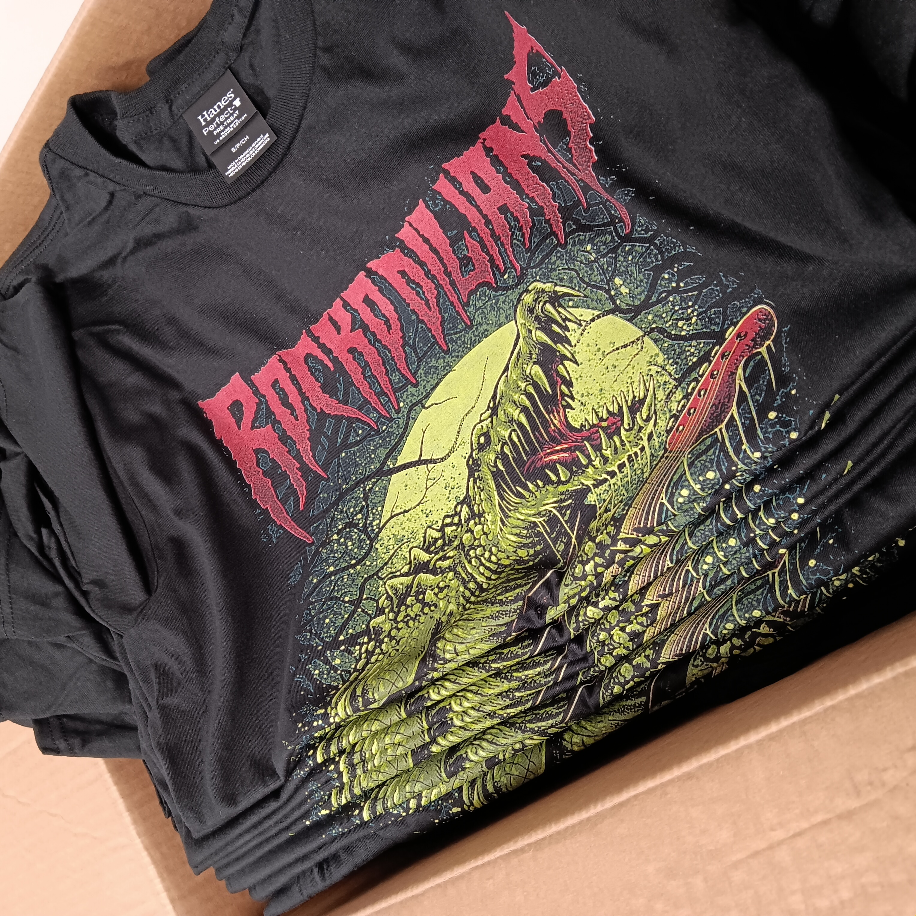 Detailed multicolor graphic printed on a black shirt