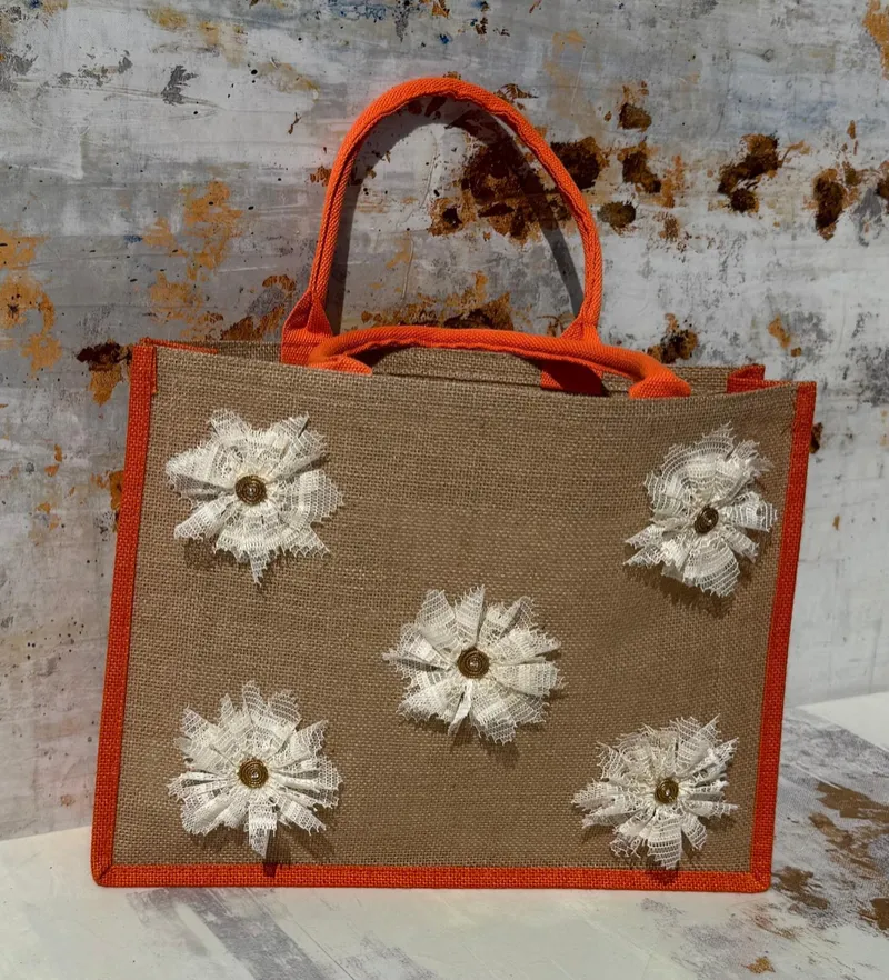 Boho Jute Floral Tote Bag with Orange Trim & Double Handles