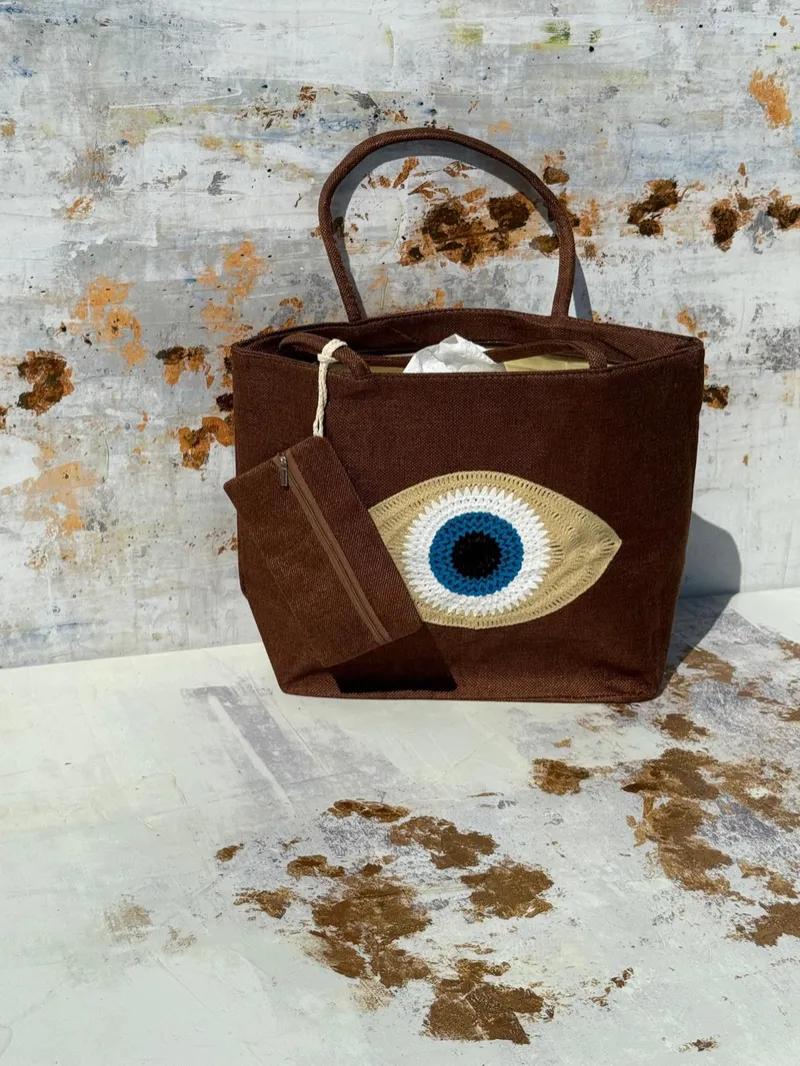 Chocolate Brown Evil Eye Jute Tote Bag with Matching Zipper Pouch