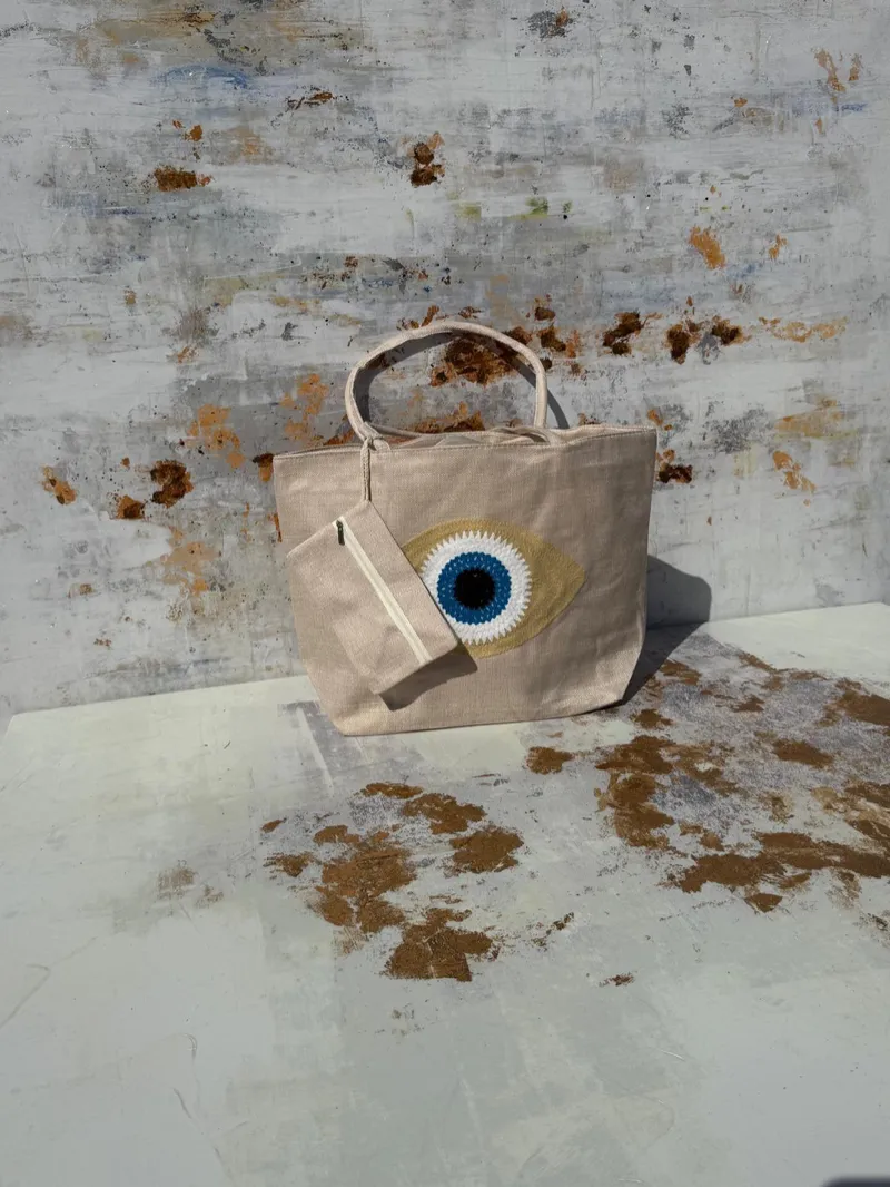 Evil Eye Jute Tote Bag with Matching Zipper Pouch