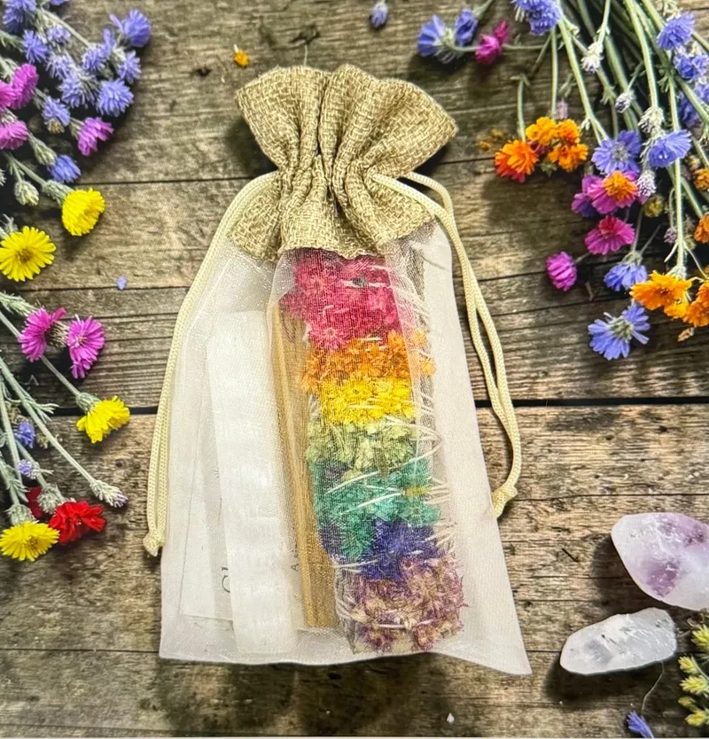 Rainbow Chakra Smudge Stick Bundle with Natural Wood & Dried Flowers | Crystal Healing Inspired Meditation Gift Set