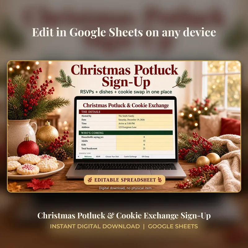 Christmas Potluck & Cookie Exchange Sign-Up | Editable Google Sheets Template with RSVP, Bring a Dish List, Cookie Swap and Gift Swap