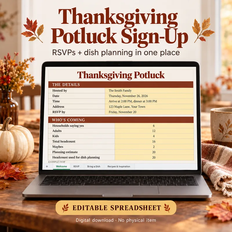 Thanksgiving Potluck Sign-Up | Editable Google Sheets Template with RSVP, Bring a Dish List and Recipes