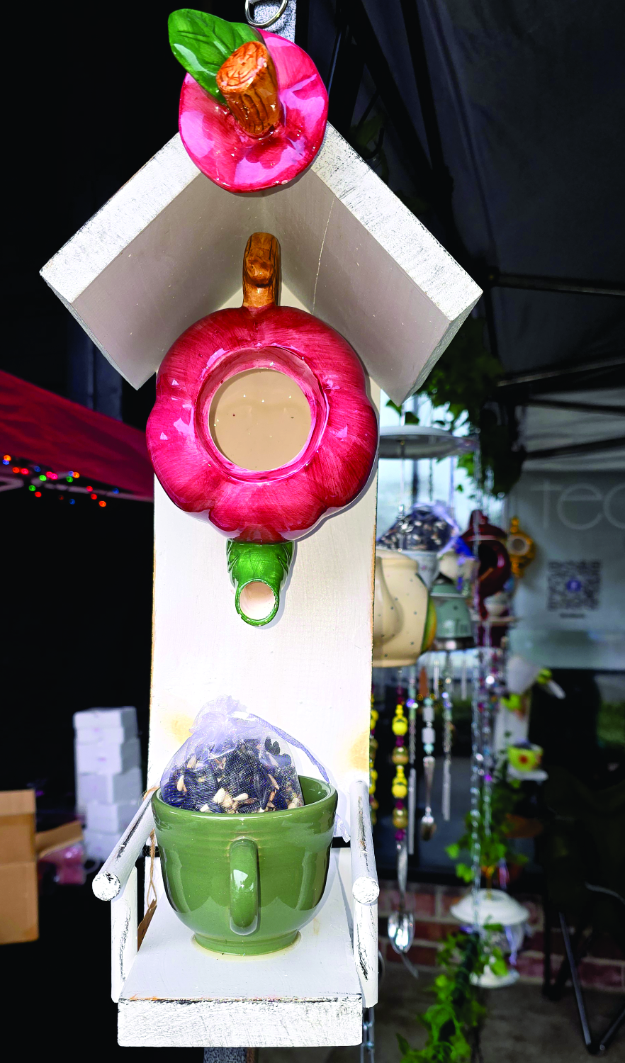 Apple Teapot Birdhouse & Fiesta Teacup Bird Feeder | Handmade Wooden Garden Station