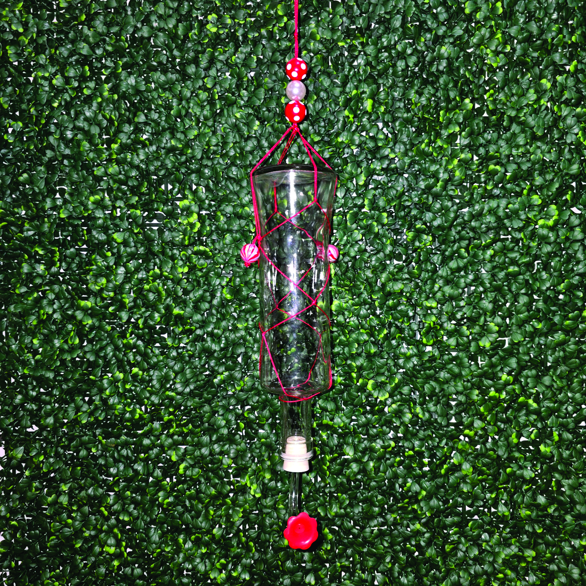 Handcrafted Upcycled Glass Oil Bottle Hummingbird Feeder | Red Macramé Garden Hanging Feeder