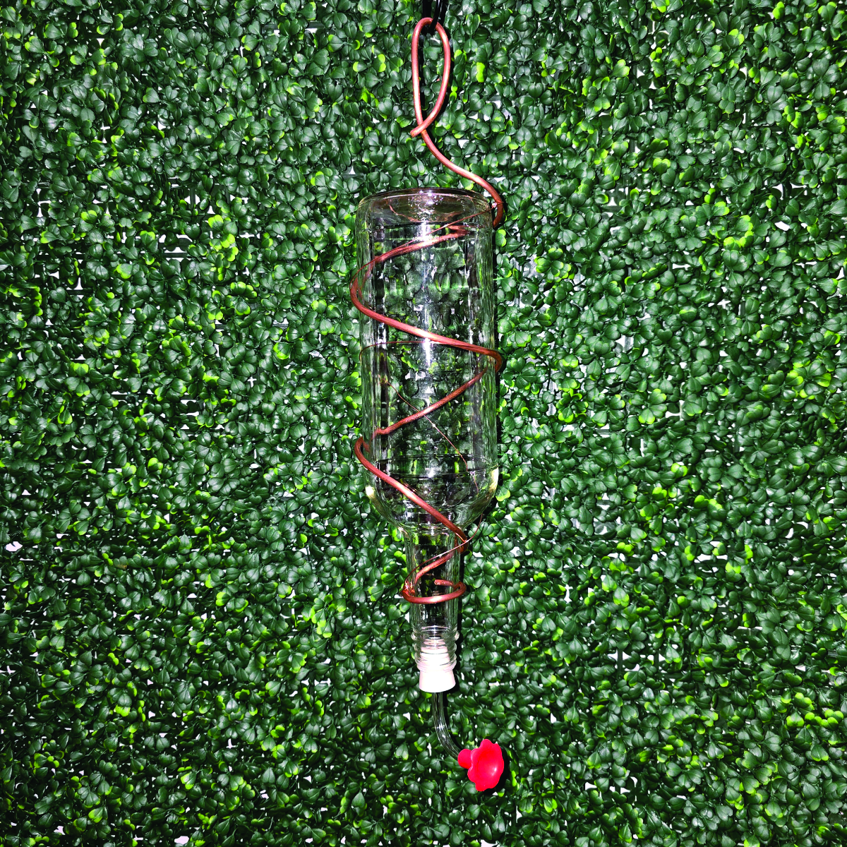 Handcrafted Upcycled Liquor Bottle Hummingbird Feeder | Copper Wire Wrapped Glass Garden Feeder