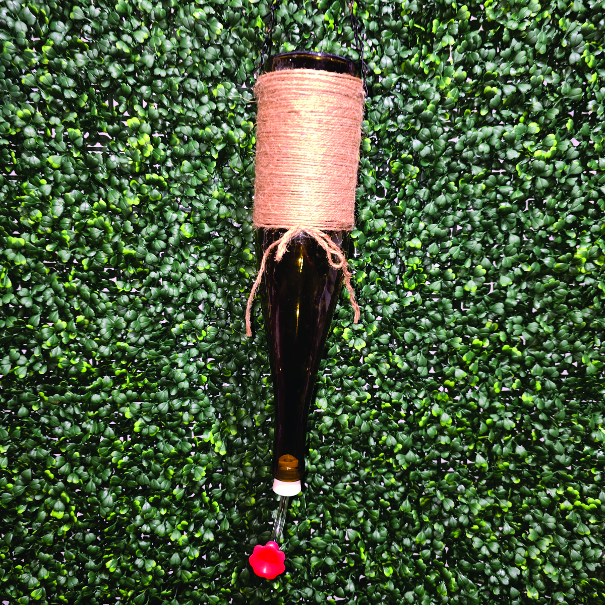 Handcrafted Upcycled Wine Bottle Hummingbird Feeder | Rustic Twine Wrapped Garden Feeder