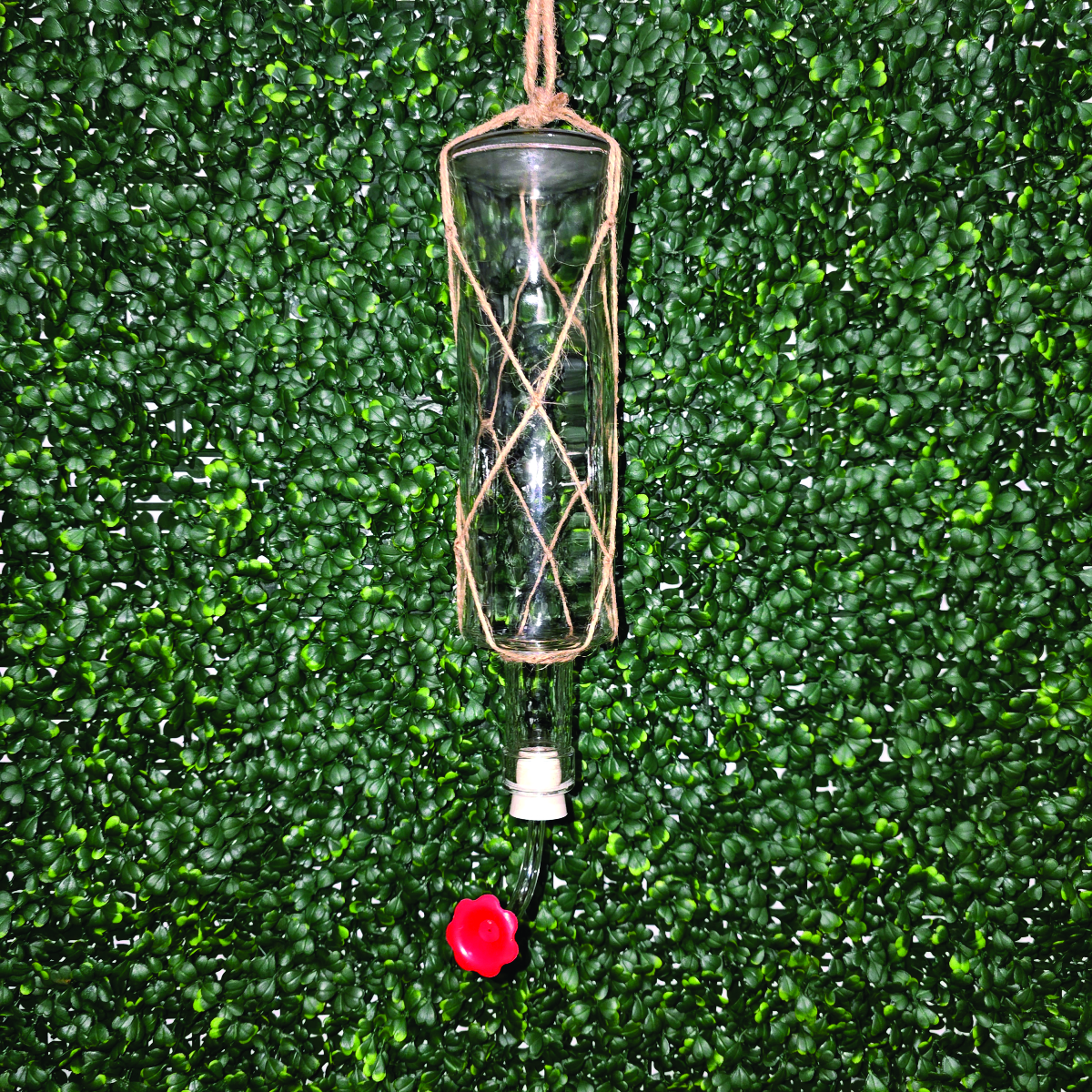 Handcrafted Upcycled Olive Oil Bottle Hummingbird Feeder | Rustic Twine Hanging Garden Feeder