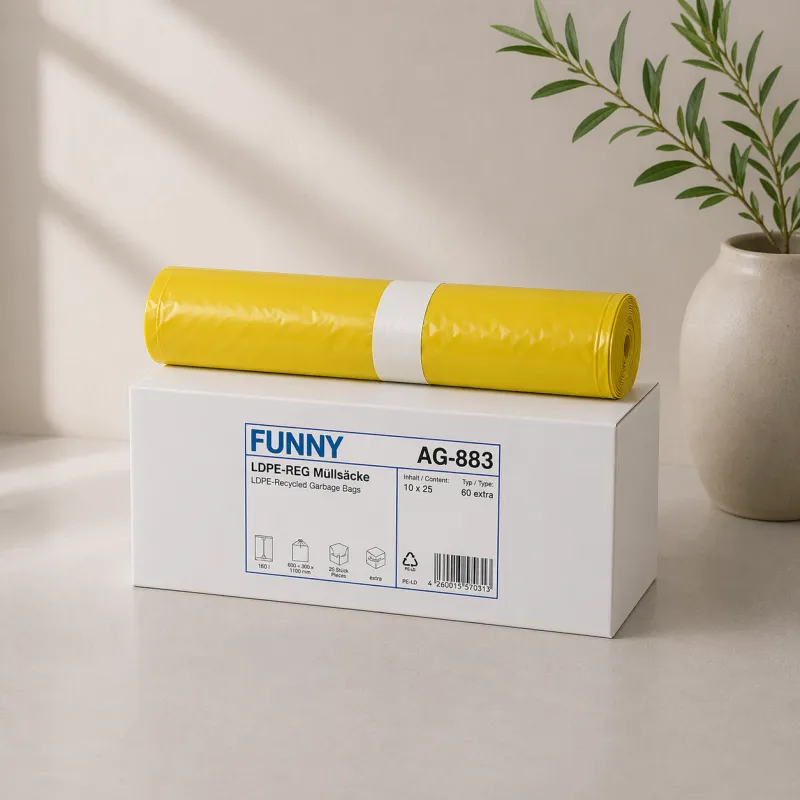 LDPE-Regenerat Müllsäcke, gelb, Typ 60 extra, 160 l, 600+300 x 1.100 mm, Kartoninhalt: 10 Rollen à 25 Stück