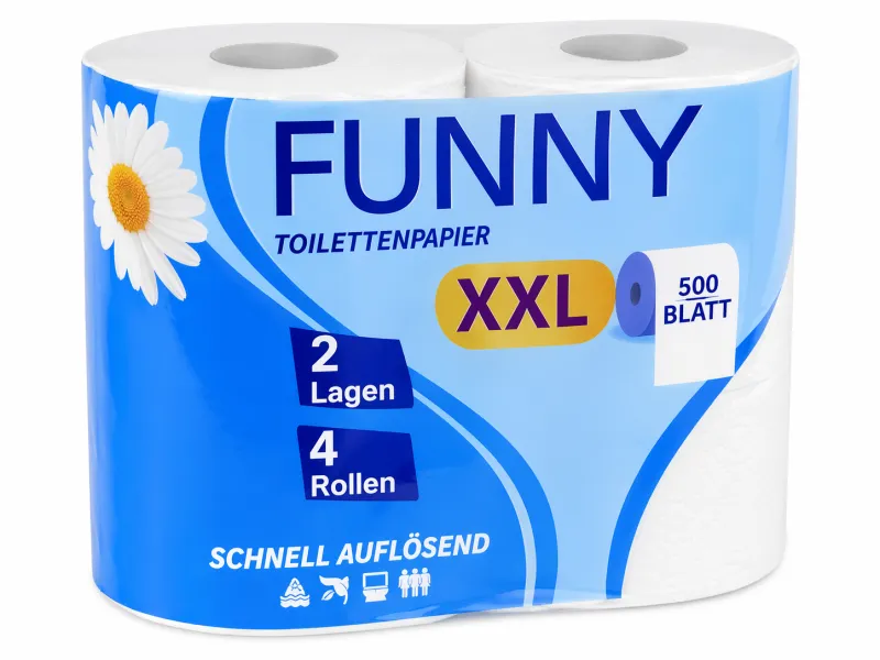 Toilettenpapier 2-lagig, 500 Blatt, Zellstoff weiß, 10 x 4 Rollen, schnell auflösend