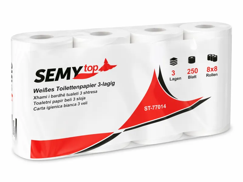 Toilettenpapier 3-lagig, 250 Blatt, Zellstoff weiß, 8 x 8 Rollen