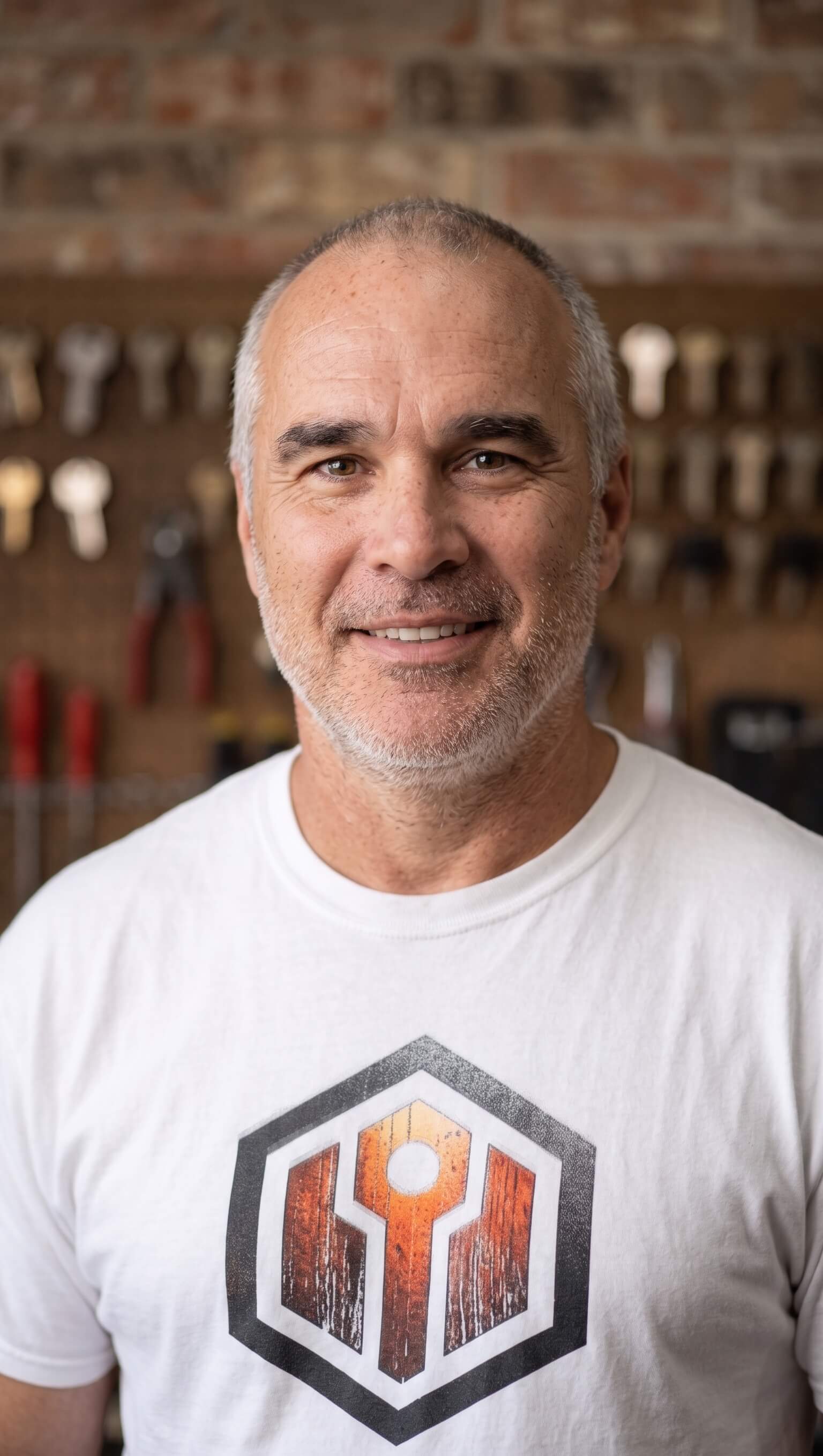 Alexey, licensed locksmith and owner of American Locksmith Services, in his company shirt in front of a wall of key blanks