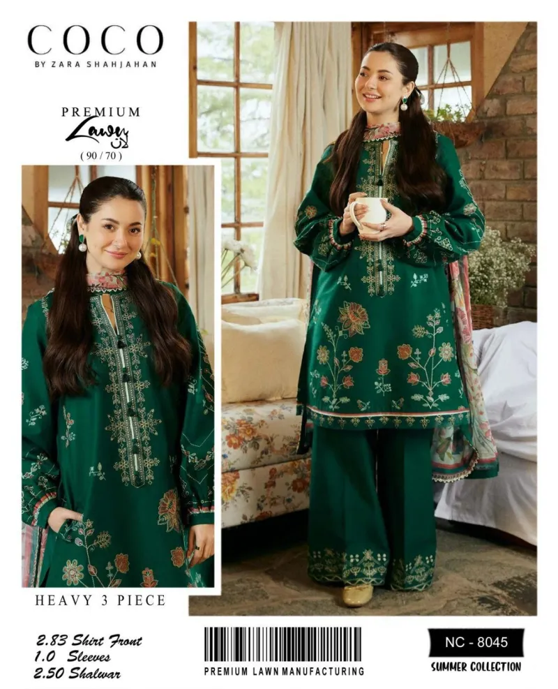 Zara Shahjahan 3PC Lawn Suit Green – Heavy Embroidered