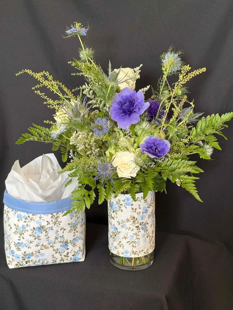 Blue Blossom Basket & Vase Wrap | Handmade Fabric Gift Set