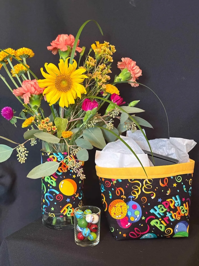 Happy Birthday Basket & Vase Wrap | Handmade Fabric Gift Set