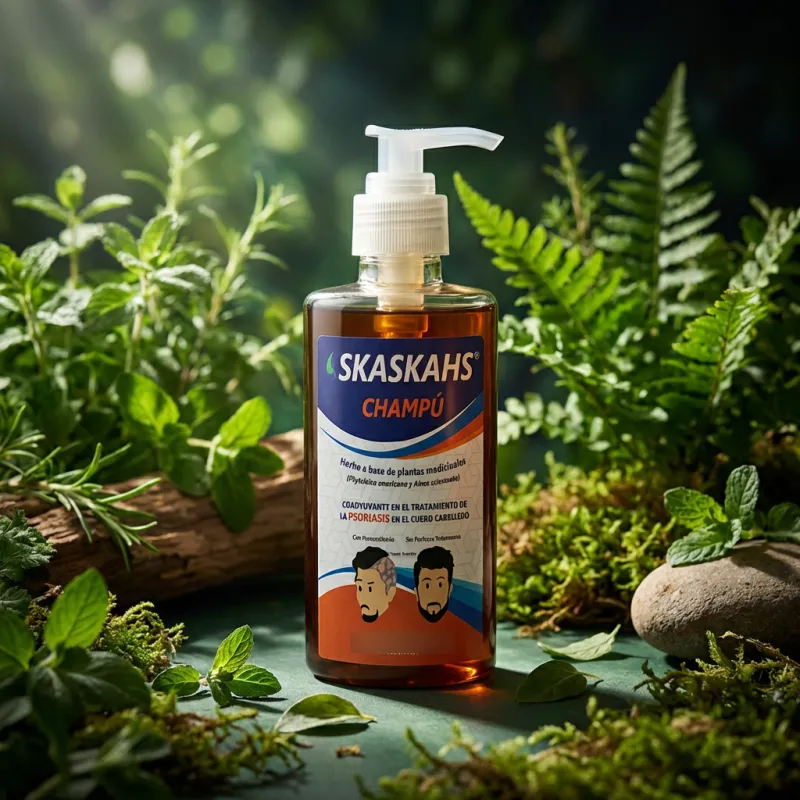 Champú SKASKAHS: Champú herbolario coadyuvante para psoriasis en cuero cabelludo. 150 ml. Libre de cortisona.