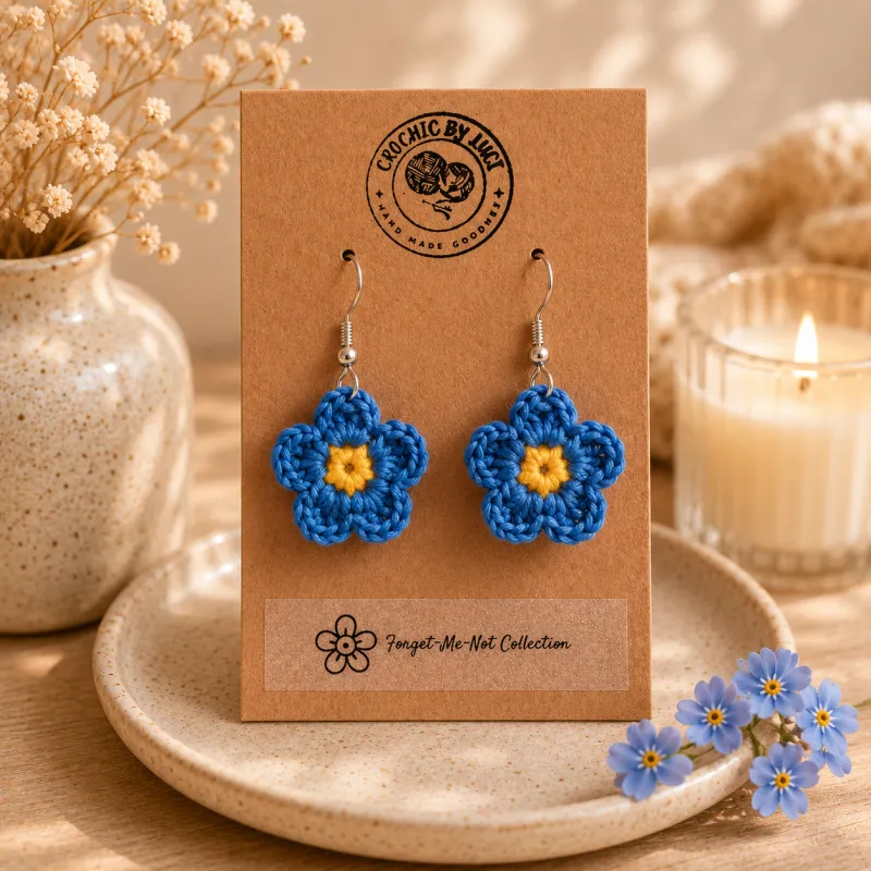 Forget-Me-Not Drop Earrings | Handmade Crochet Flower Jewellery | Dementia Awareness Gift