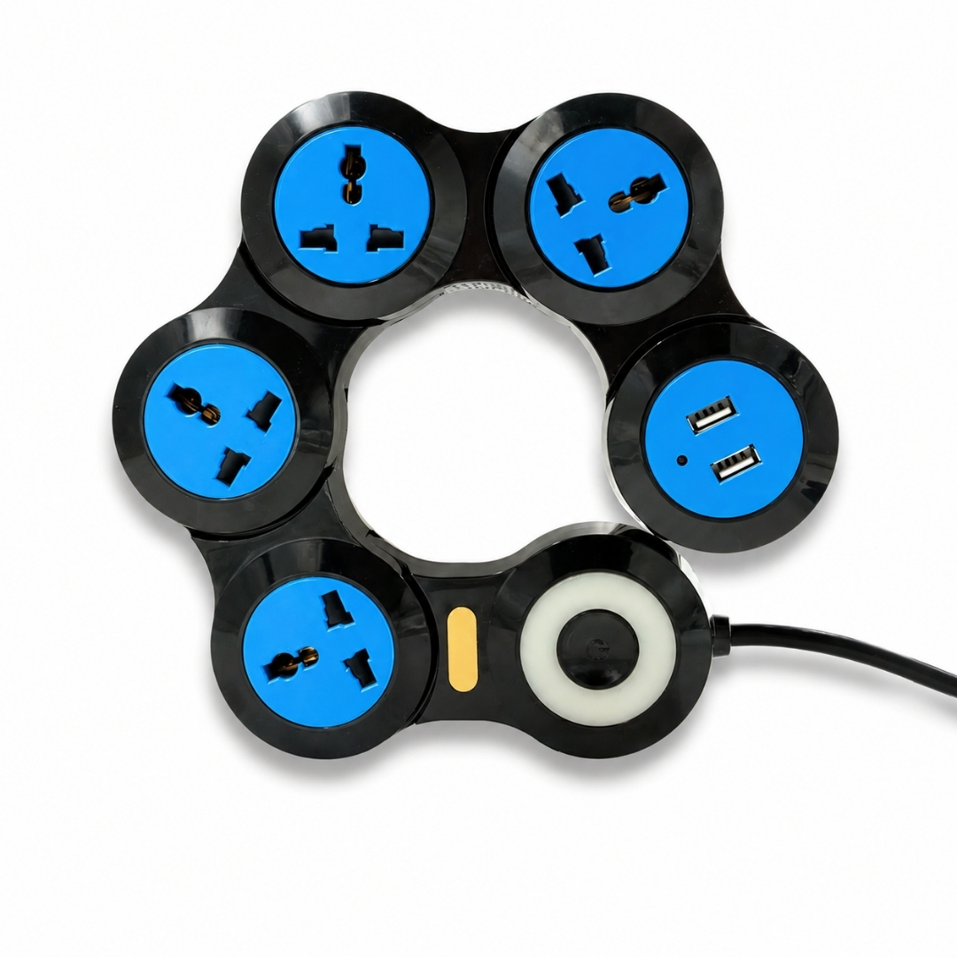 Regleta eléctrica flexible. 3 puertos de 110v, 2 de USB A