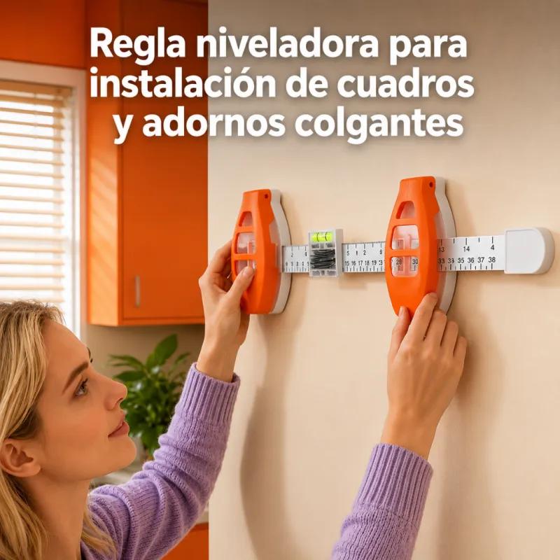 Regla niveladora y colocación de clavos para instalación de cuadros y adornos colgantes