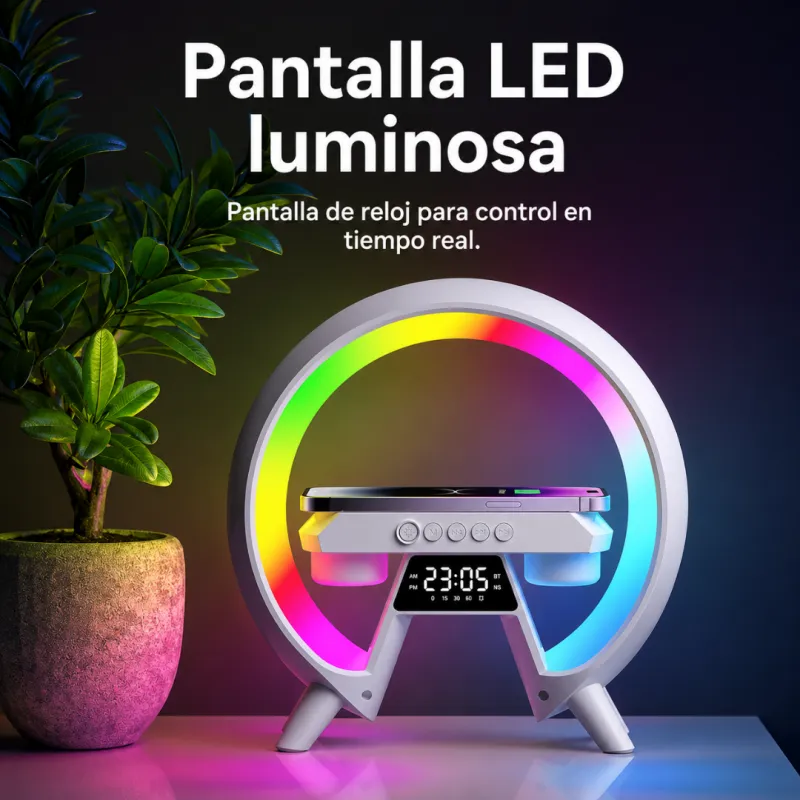 Reloj de mesa todo en uno, alarma, parlante, luz de noche y cargador inalambrico.