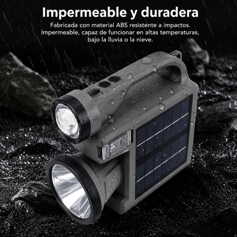 Linterna con foco doble, recarga por panel solar para camping y emergencias, power bank, batería externa