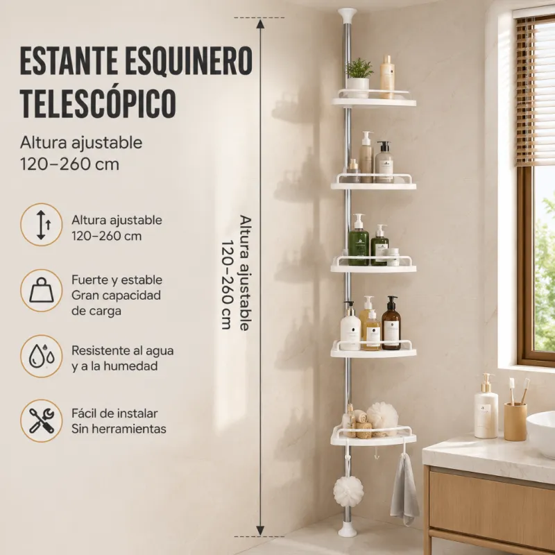 Estante esquinero de 4 niveles extendible para ducha y baño