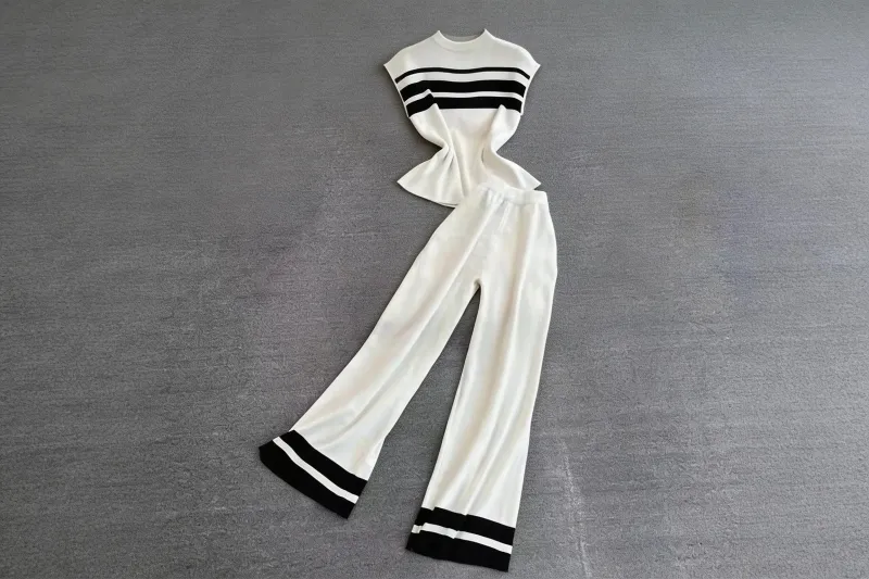 White and Black Striped Knit Set