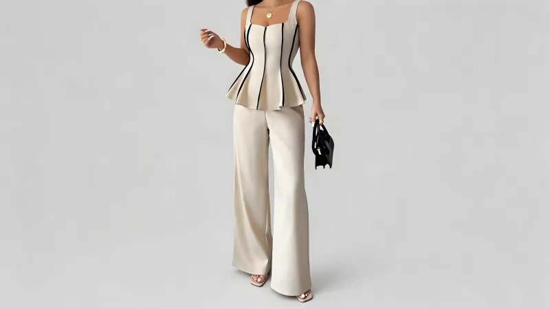 Cream Peplum Top with Wide Leg Pant Set
