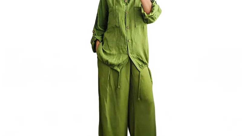 Green Linen Oversized Shirt with Wide Leg Pants Set