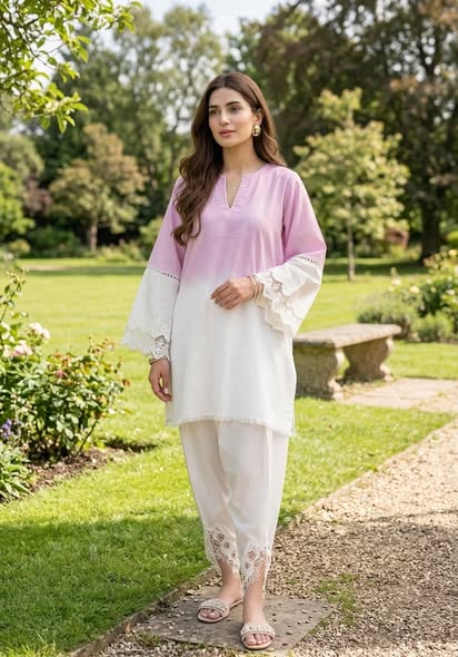 Lavender & White Ombre Lace Ensemble – 2-Piece Cotton Silk Tunic with Scalloped Tulip Pants