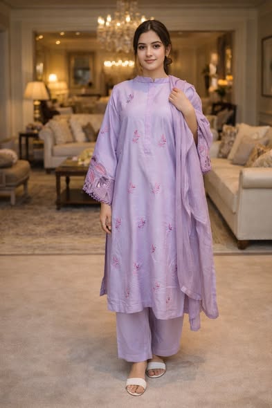 Lavender Mist Embroidered Cotton Silk Kurta Set with Intricate Cutwork Sleeves – 3-Piece Festive Suite