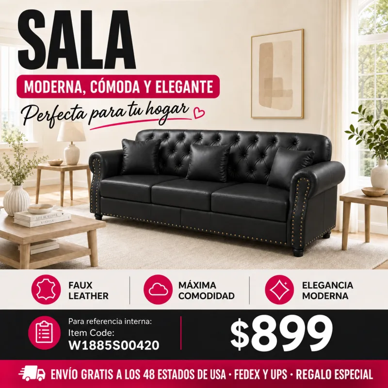 Sofa Piel Sintetica Negro + Ottoman 48