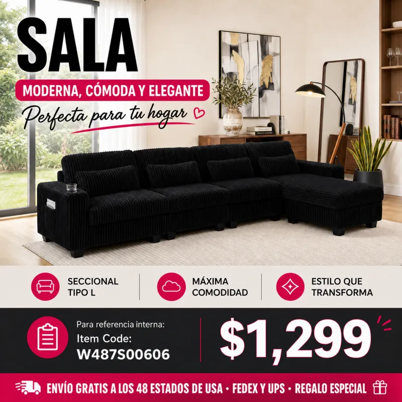 Sofa Seccional Tipo L Negro 48