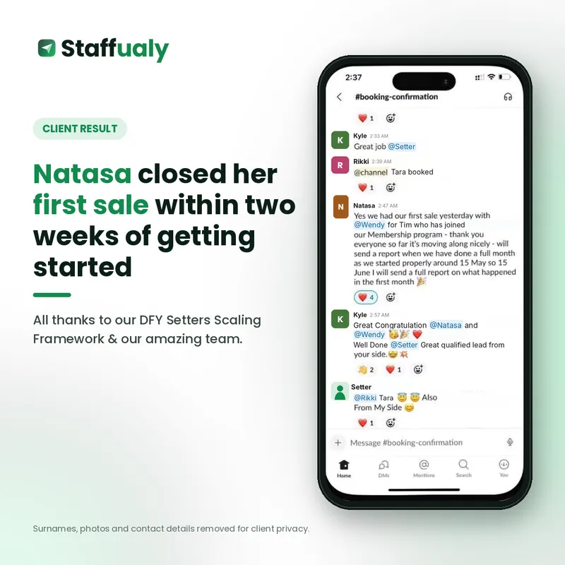 Client result: Natasa closed her first sale within two weeks