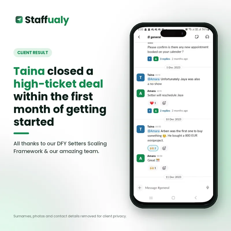 Client result: Taina closed a high-ticket deal in her first month